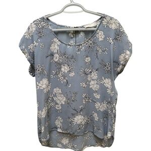 Pink Rose Vintage Blue Floral Short Sleeve Blouse Top Back Zipper Large